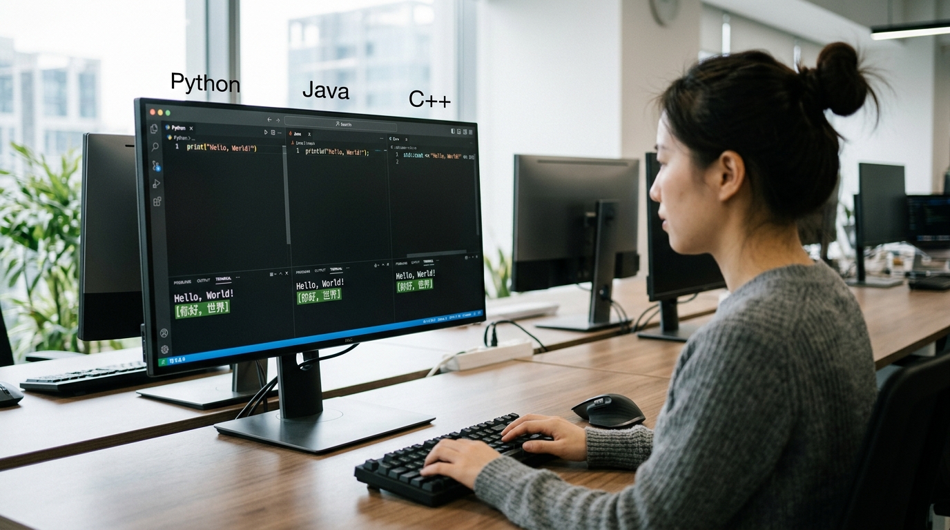 Python Java C++ Hello World 中文翻译代码对比