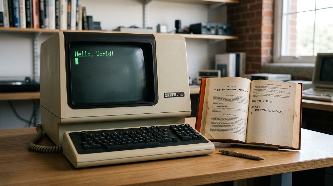 hello world 下载 程序含义与 1978 年 C 语言起源示意图