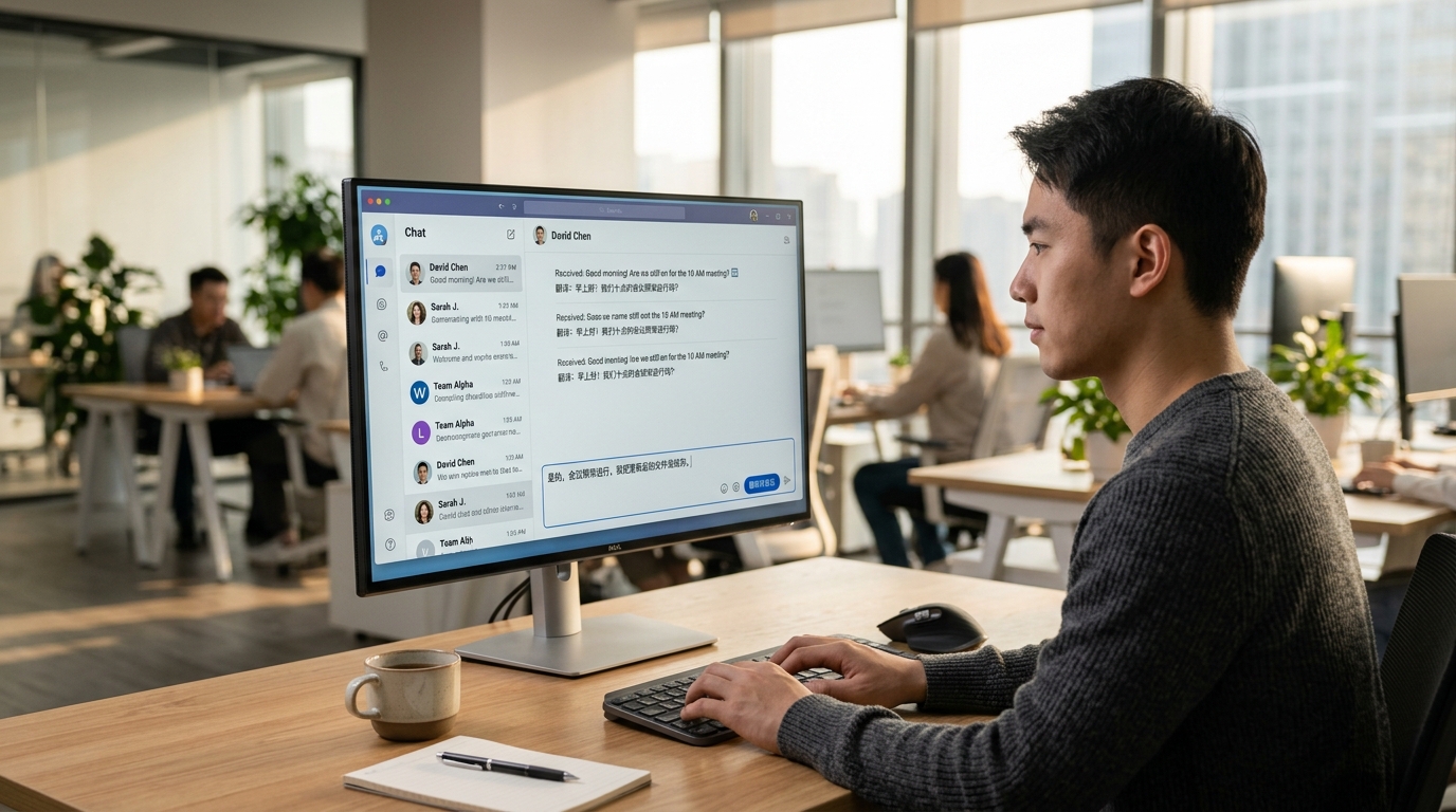 HelloWorld翻译软件界面,展示多平台消息聚合与实时双向翻译功能