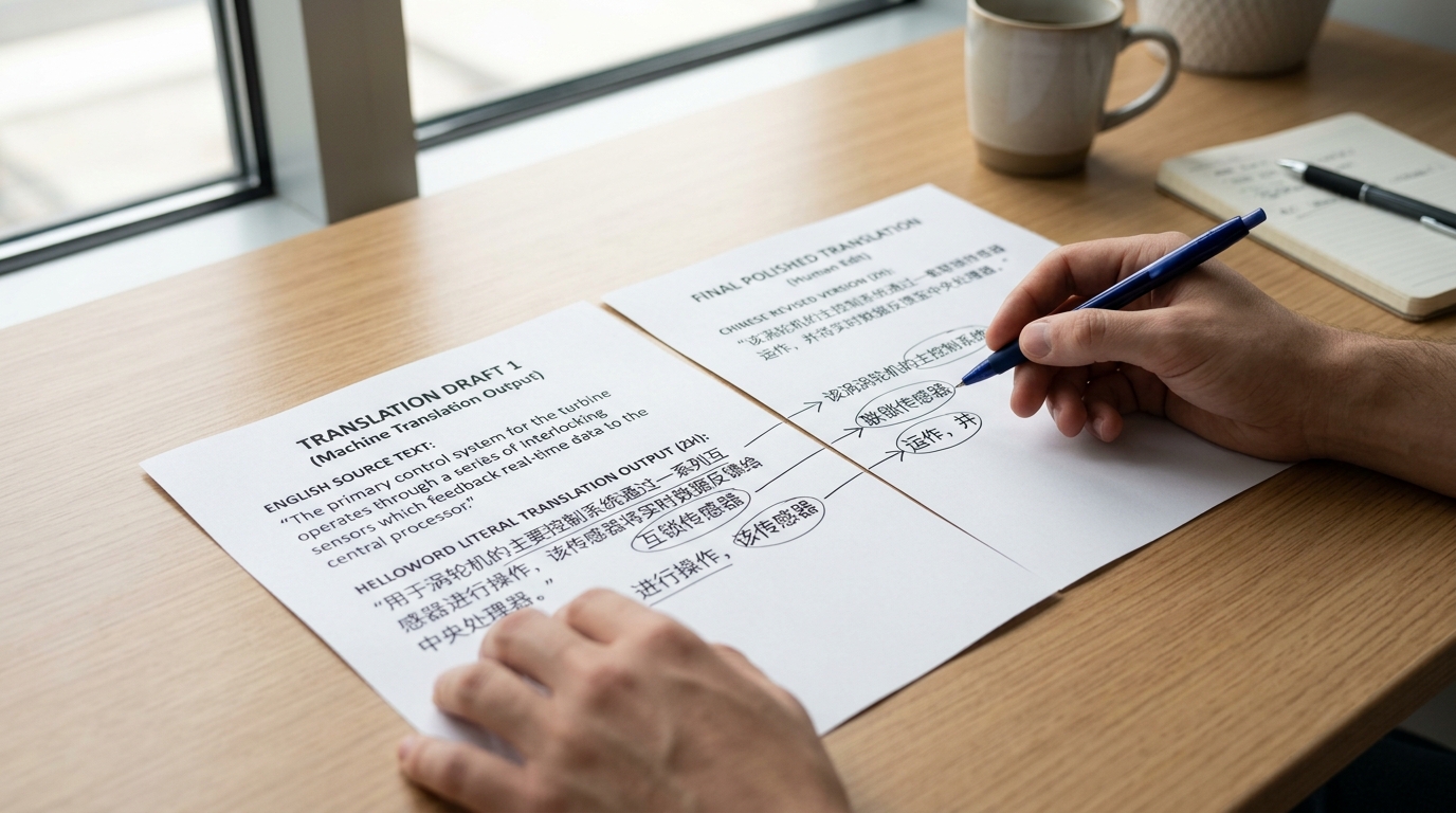 helloword翻译质量对比,展示机器直译与人工优化后的差异
