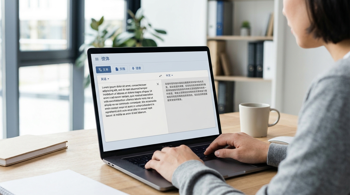 helloword翻译电脑版核心功能界面截图，展示文本翻译、文档翻译和语音输入选项