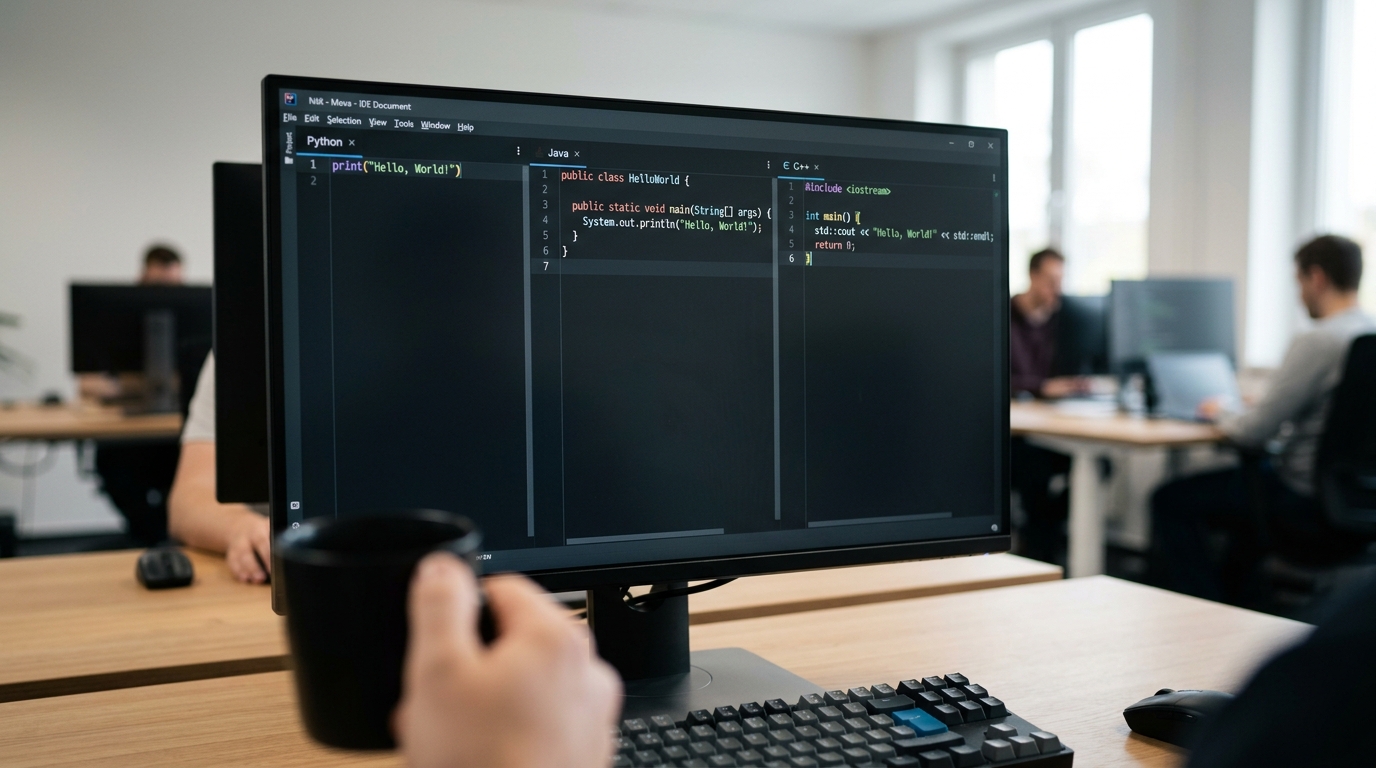 Python Java C++ HelloWorld代码对比示例图