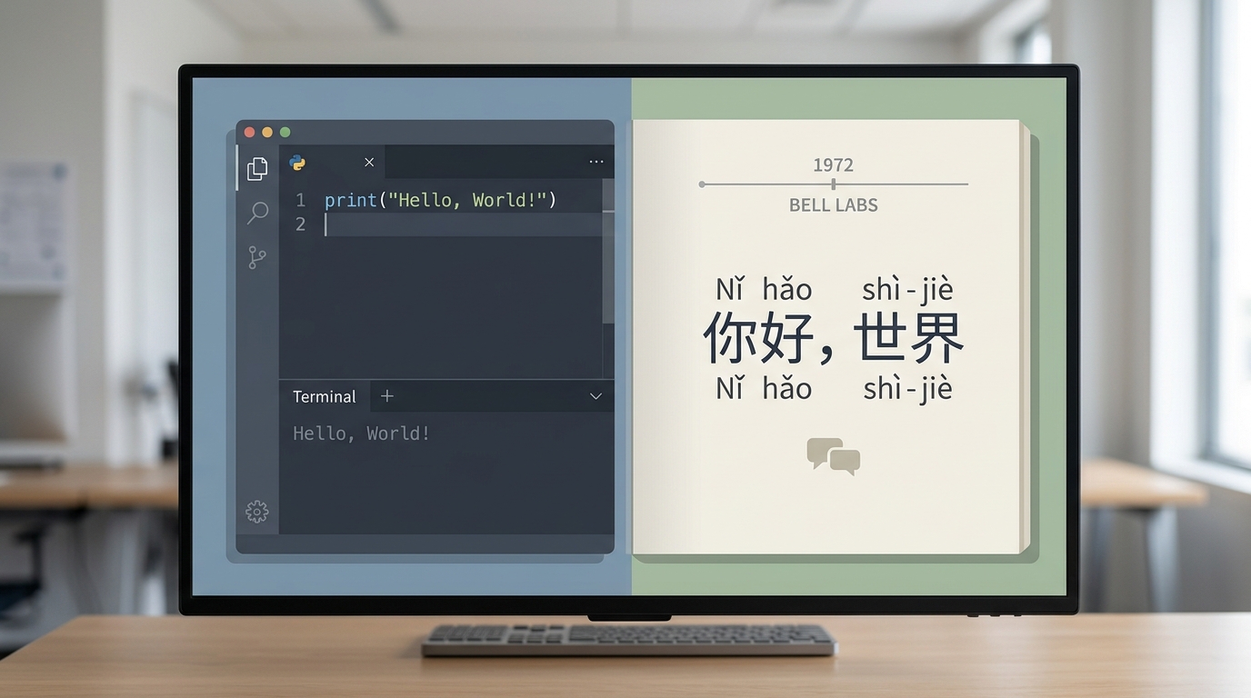 Hello World 中文译法 你好世界 与代码原文对照图