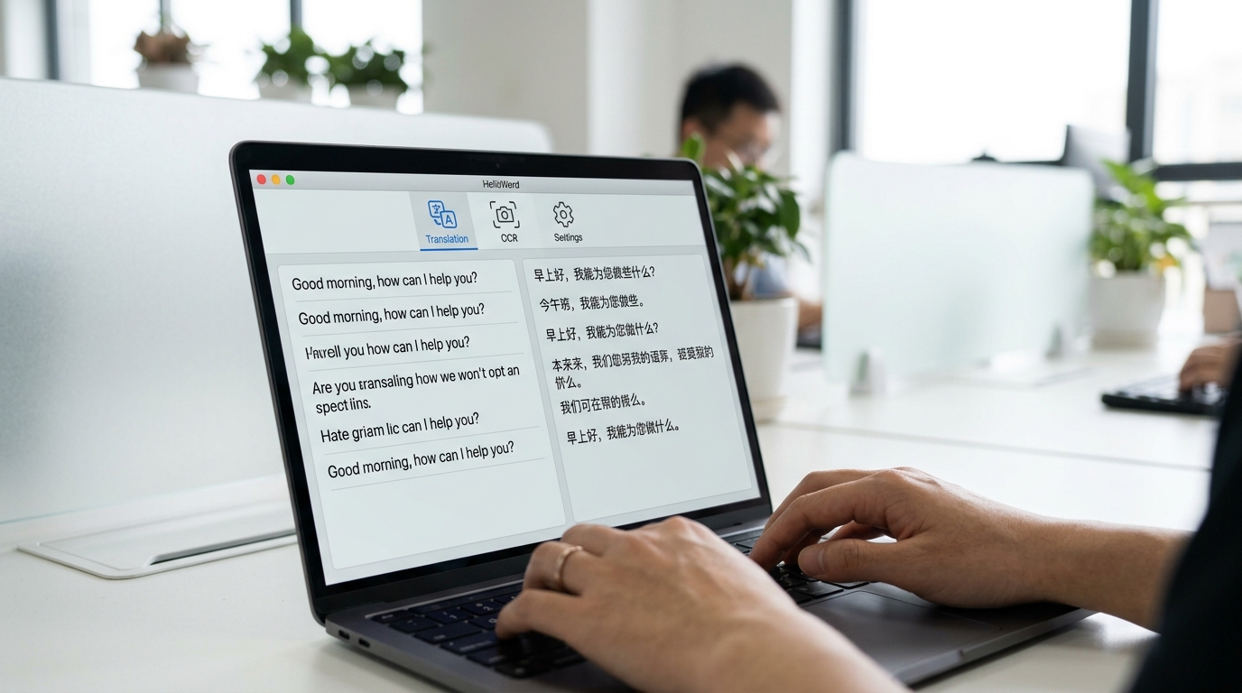 helloword翻译电脑版界面展示，包含文本翻译与功能按钮