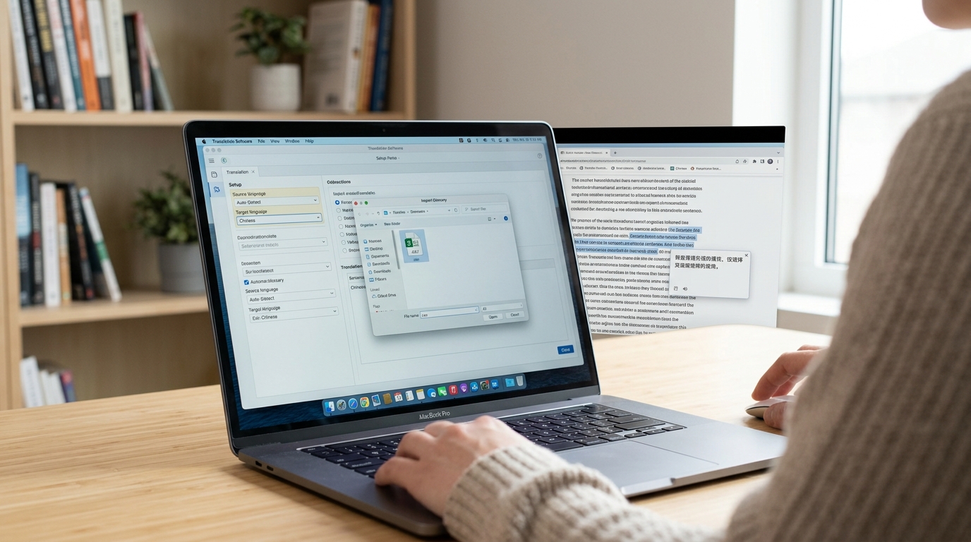 HelloWord翻译安装设置界面与划词查询操作示意图